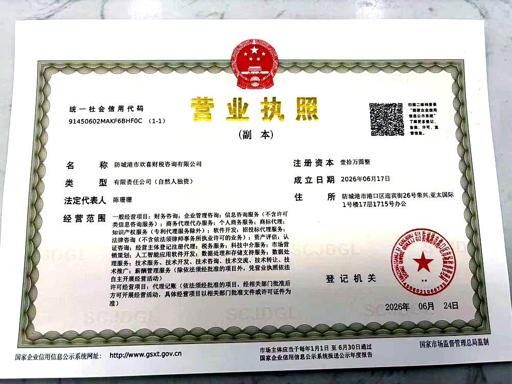 欢喜财税营业执照